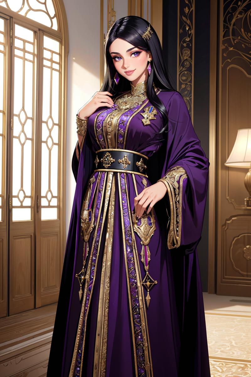 14091-5142864-((masterpiece,best quality,edgQuality)),(smile),looking at viewer,standing,_edgCaftan, a woman with black hair wearing a purple.png